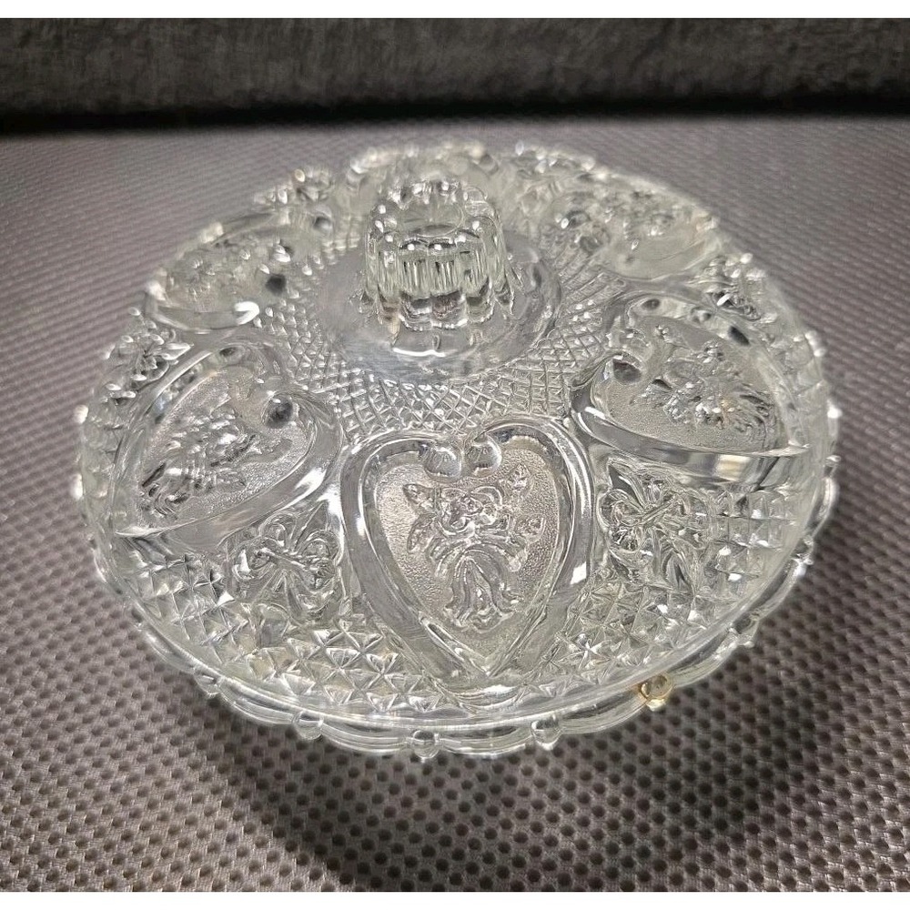 Vintage KIG Malaysia Hearts Roses Clear Glass Covered Candy Dish 5"